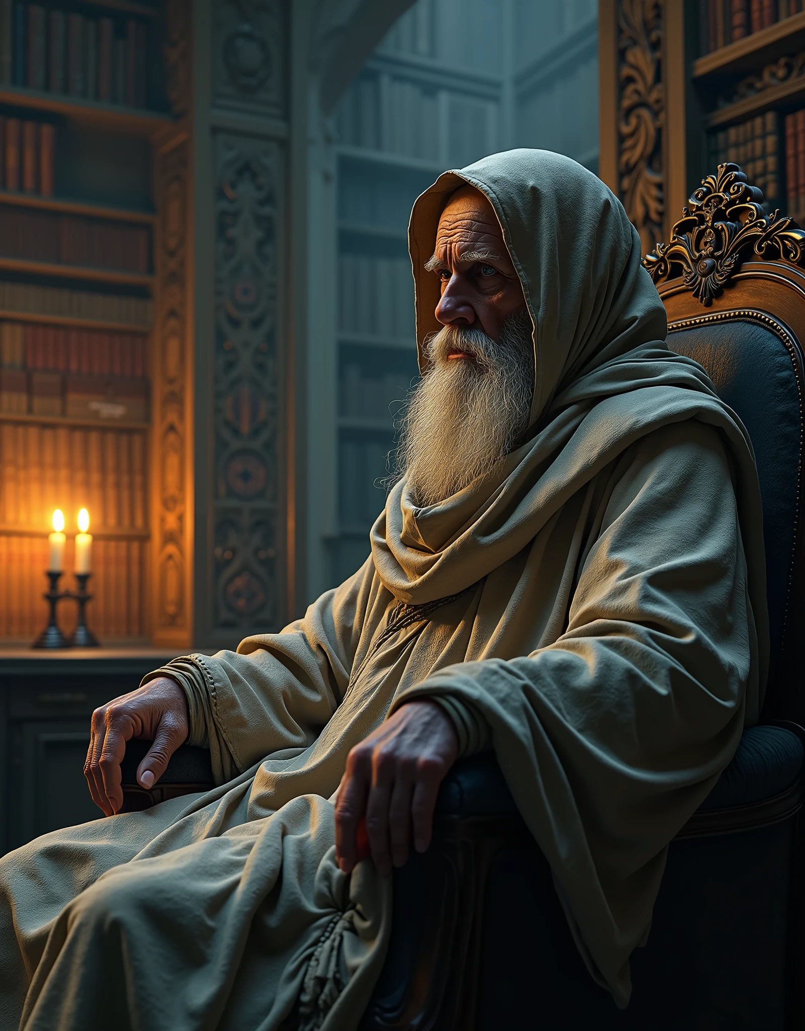 an elder man sitting on a old chair in library, wrapped on the sheet, hermit, marble statue, dark octane render, lighting from candle lamp, baroque, european, mandala, side view from bottom, anatomically correct, super detailed, (HDR:1.5), (cores suaves:1.2), hiper detalhado, (arte station:1.5), luzes quentes, efeito de luz, dramatic light, (detalhes intrincados:1.1), fundo complexo, (Greg Rutkowski:0.8), (teal and orange:0.4), (Whirling lightning of ice snow),(insane unrealengine5,epic tMasterpiece,max best quality, ultra-highdef XT3 ultra-highres),ultra-detailed,ultra sharp focus, naked, varies,multi, etc. --v 6 --s 1000 --c 20 --q 500 --chaos 100