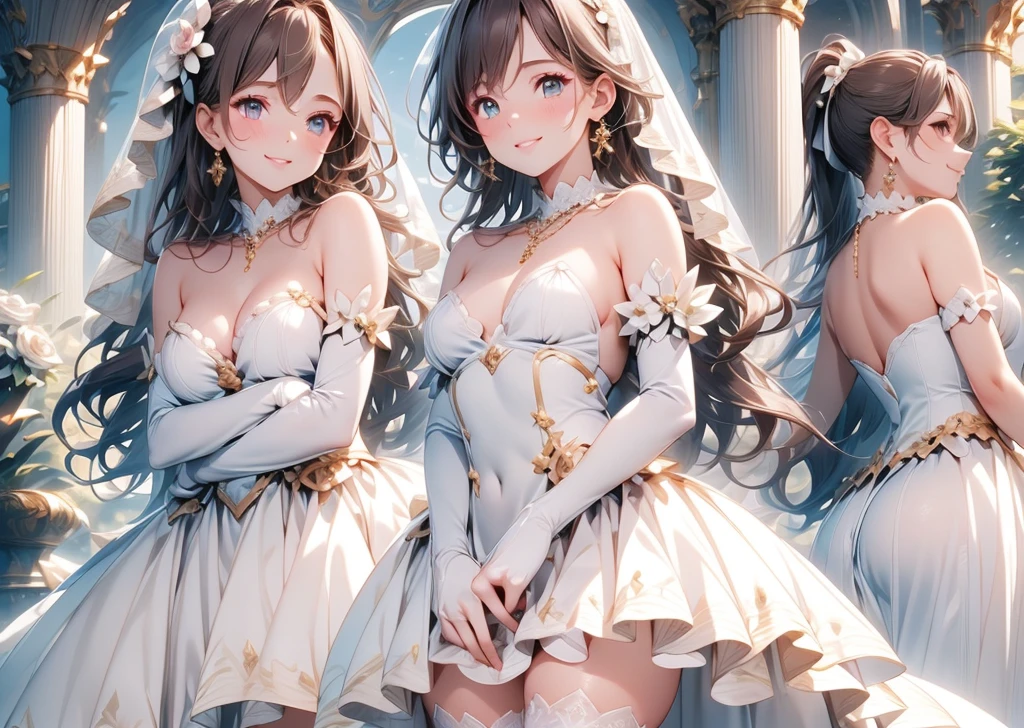 A woman in a dress and stockings standing in front of a tree, wedding dress, off the shoulder, long wedding veil, necklace, jewelry, (skirt parted in front), thigh highs, (panties:0.9), big rounds breasts, dark brown hair, long bangs, long hair, ponytail, wavy hair, expressive hair, shiny hair, hair flower, ribbon, aqua eyes, glowing eyes, pupils sparkling, earrings, smile, glossy lips, blush, embarrassed, nervous smile, beautiful detailed face and eyes, perfect anatomy, standing, outside, jewelry, high detail, anime, anime style, cinematic lighting, dithering, image fill, multiple views, from the front, from above, from below, from behind, from side, wallpaper, game cg, perspective, Wide-Angle, f/1.8, 85mm, Sony FE GM, 8k, super detail, UHD, retina, masterpiece, accurate, anatomically correct, textured skin, high details, best quality, highres, 16k