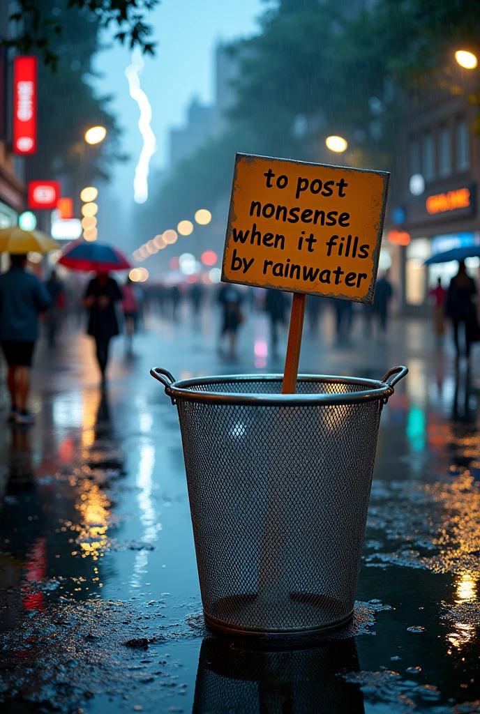 A plastic mesh laundry basket in chrome silver color in the middle of the street with a sign that says "to post nonsense when it fills with rainwater for Rodrigo and okey André " raining heavily