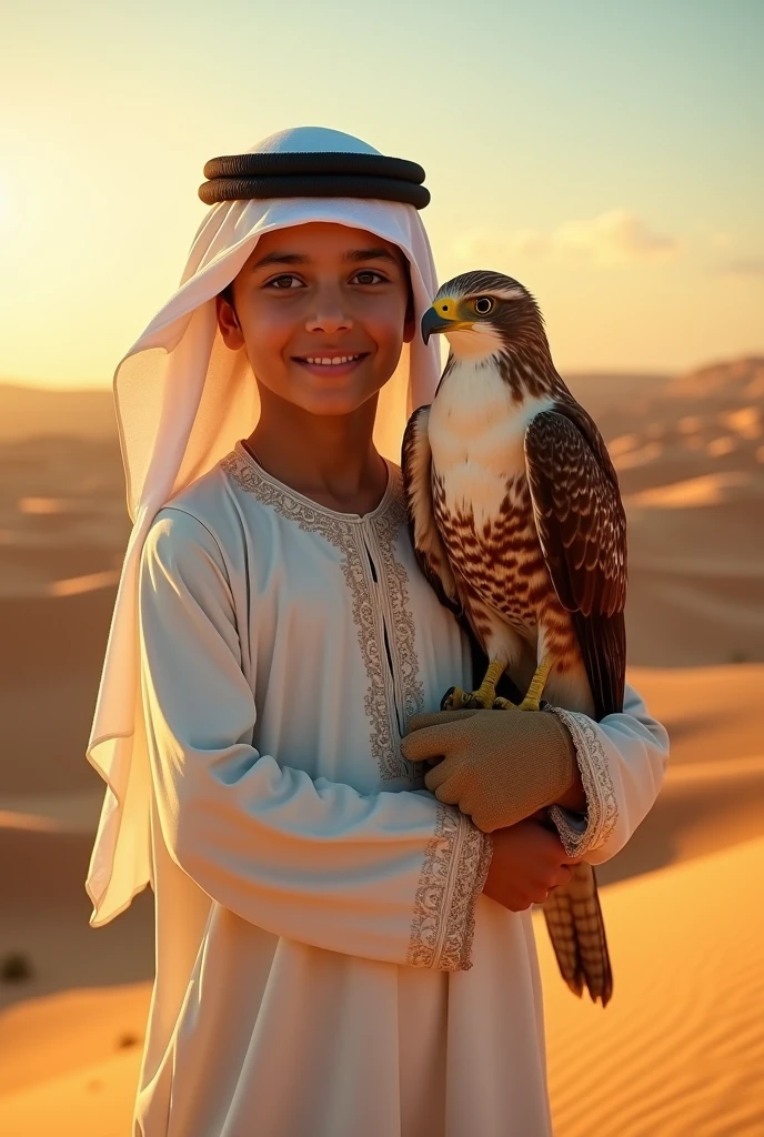 Create a boy wearing Bedouin clothes holding a falcon