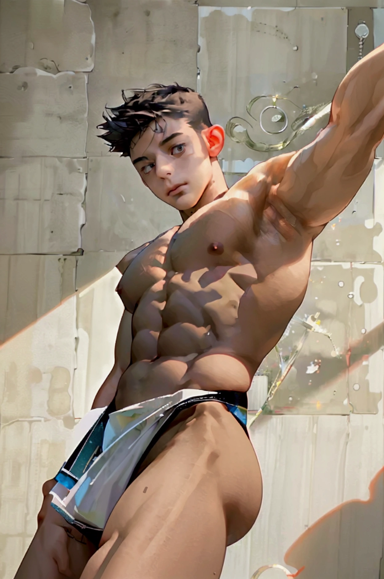 ((Best Quality, 8K, ultra-detailed, Masterpiece: 1.3)), 1boy, shiny skin, sharp, Perfect Leaner Ripped Muscle Body Beauty, realistic shaded perfect body, (cute baby face:1.1), ("bare naked"), thick armpit hair perfectly detailed, side standing with 1 leg up, spike short hair bottom shaved