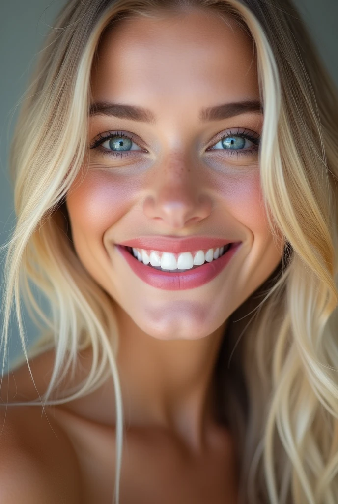19 years old , big bust , Blonde with blue eyes, sexly , big bust, big titts, long bionde hair , big lips , big lips , bionde , make up , beautiful make up (looking in the camera )( CLOSE UO FROM THE FACE )) smile
