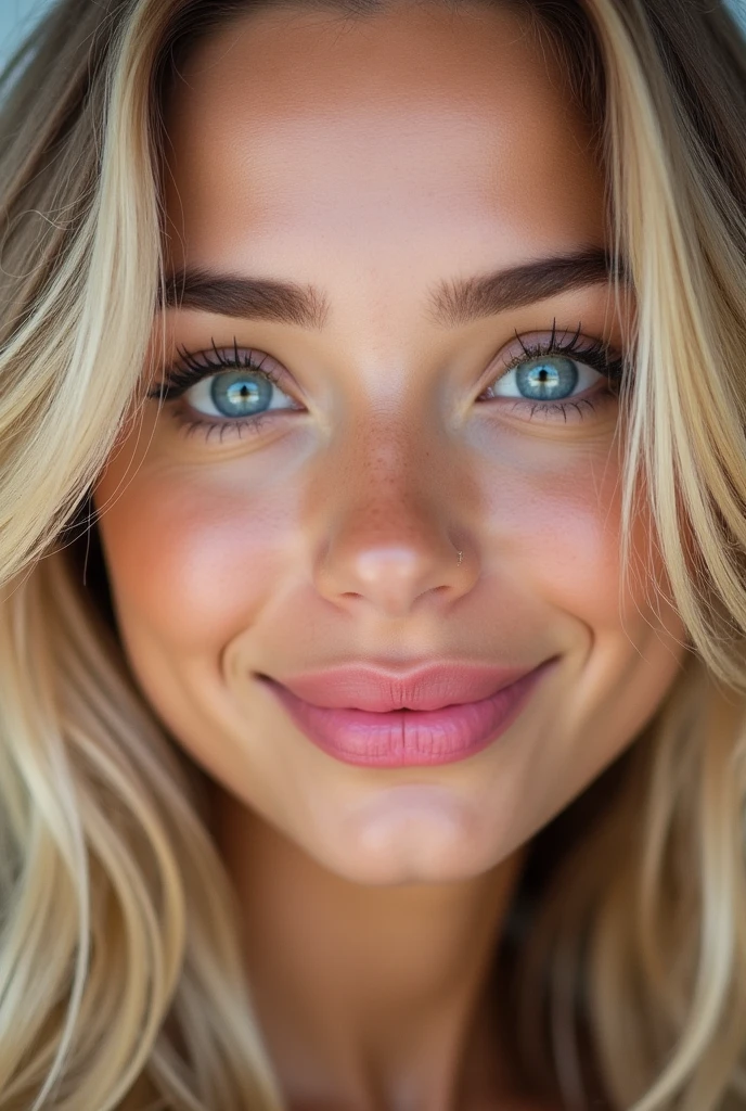 19 years old , big bust , Blonde with blue eyes, sexly , big bust, big titts, long bionde hair , big lips , big lips , bionde , make up , beautiful make up (looking in the camera )( CLOSE UO FROM THE FACE )) smile