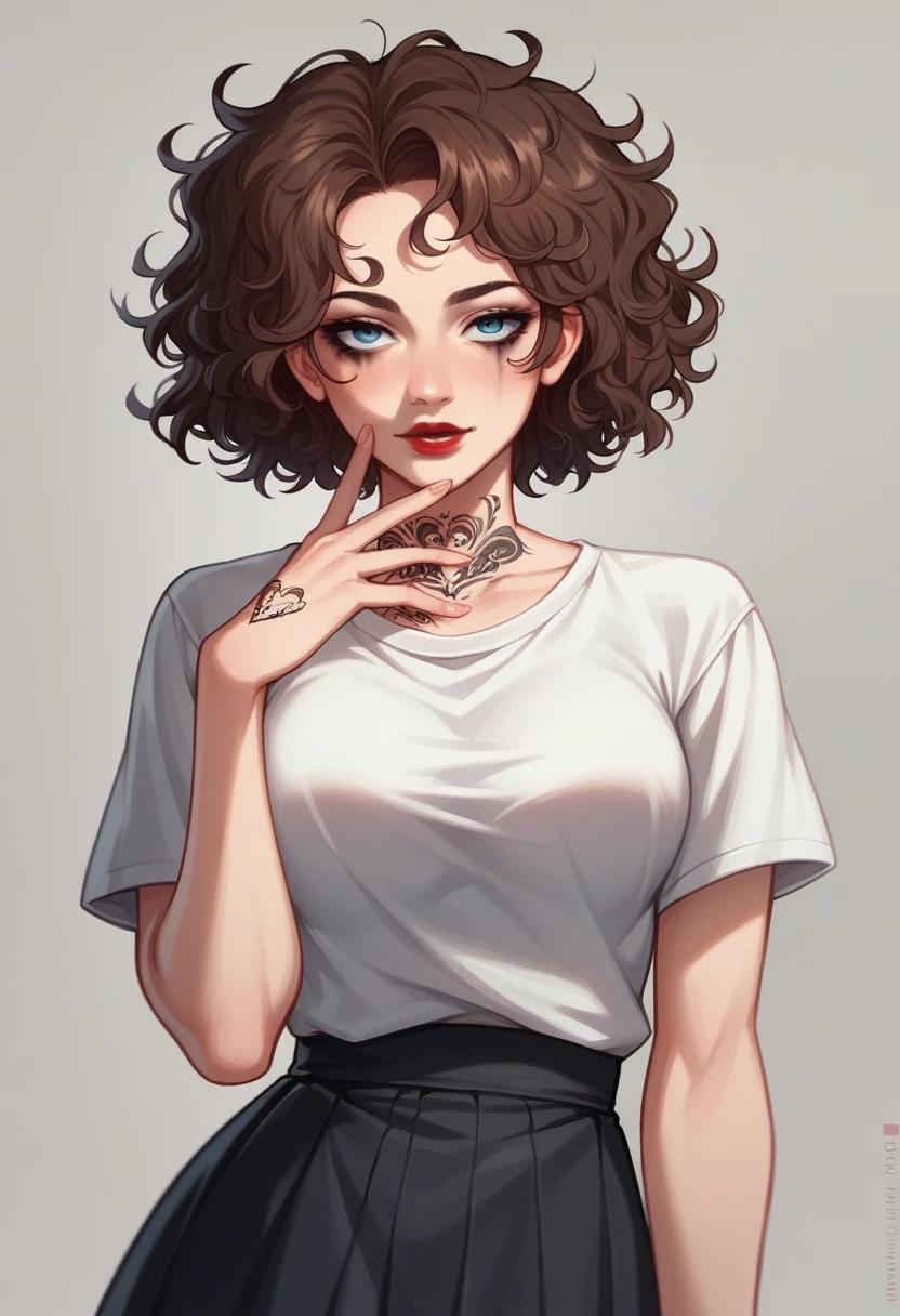 Anime style, 1women, seductive expression, bright red lips, sexy tattoo on hand, neck , brunette, black and pink multi colored hair, short hair , wavy hair, messy hair, curly hair, beautiful detailed dark eye makeup, beautiful detailed blue eye, white t-shirts, black short flowy skirt, sexy neckline, large neckline