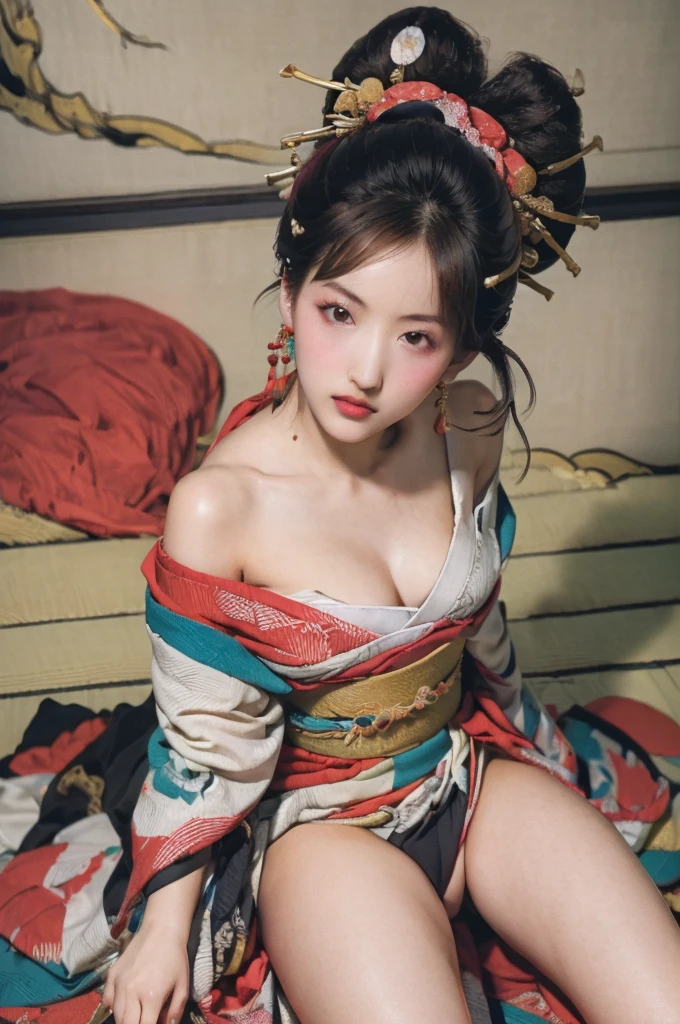 (8k, RAW photo, best quality, masterpiece:1.2), (realistic, photo-realistic:1.4), ultra-detailed, perfect anatomy, perfect limbs, perfect hand, (Natural skin texture, Hyperrealism, 8K RAW Photos, High resolution:1.2), (Realistic, photoRealistic), (Very detailed, Exquisite detail and texture, Delicate and beautiful), Shallow depth of field, Absurd, Cinema Lighting, BREAK, One person, Oiran, Realistic proportions, 20-year-old Japanese, (Sexy, detailed and beautiful face:1.2), bangs, Beautiful Eyes, (Open your neckline wide to show your shoulders, Crossing your legs, compensate, Red lips, necklace, Earrings, Sexy pose, (Above the knee shot), Wide sleeves, Long sleeve, Topknot, Robe, Hair Flower, Women's clothing, women's accessories, A Japanese kimono with vibrant colors and patterns,