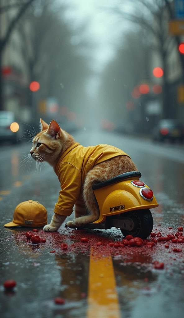 At an rain day, the cat's dress yellow clothes scooter is struck by a speeding car. The cat's body lies in the middle of the road, Blood streams downwith the delivery boxes' contents scattered everywhere. The cat's uniform is torn, and its hat is thrown aside, creating a scene of utter devastation. background Another little cat was crying beside the corpse