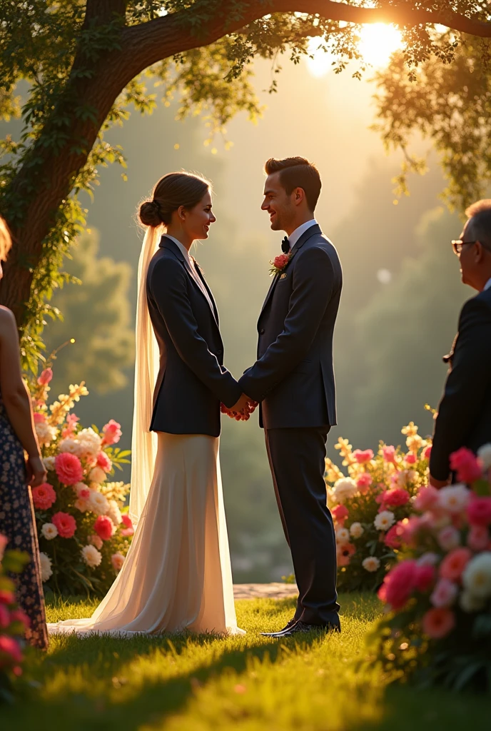 five hargreeves from The Umbrella Academy in his marriage using suit with his husband at the altar, everyone sees happy seeing them and they were happy too