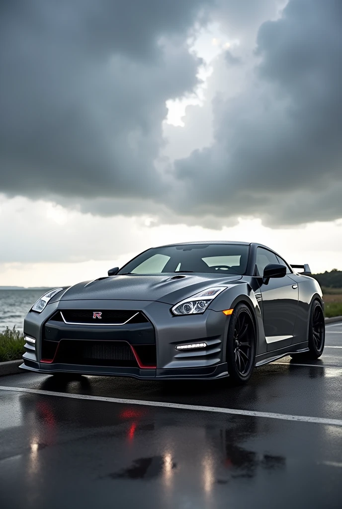 Car Photography, fusion of the design of the latest model Nissan GT-R R35 and Chevrolet Camaro, the front light is closer to Camaro, BLAKE, seaside parking lot, typhoon clouds in the distance,