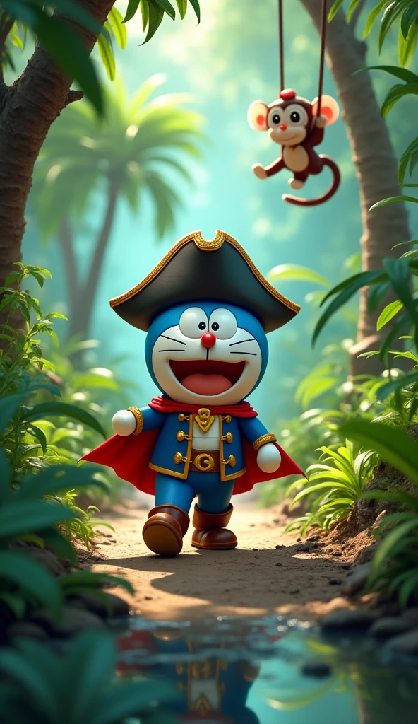 Image of Captain Doraemon wearing a pirate outfit stepping down to the island, walking in the forest with swamps,monkey climbing a tree, venomous snake , excited face sweating. 4K sharp 3D image 