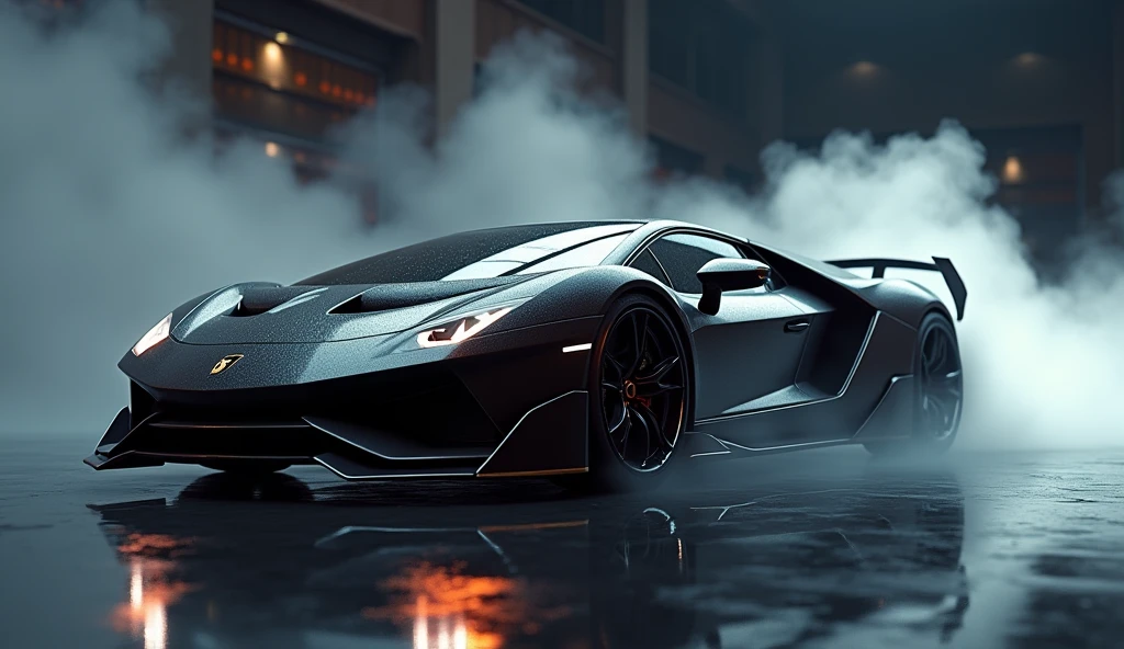 a detailed, highly realistic photograph of a sleek, modern sports car, glossy black paint, chrome trim, low-angle perspective, Text "Need for speed" is made of smoke and coming out of car's silencer, dramatic lighting, vivid colors, cinematic depth of field, photorealistic, 8k, HDR, studio lighting, physically-based rendering, ultra-fine details
