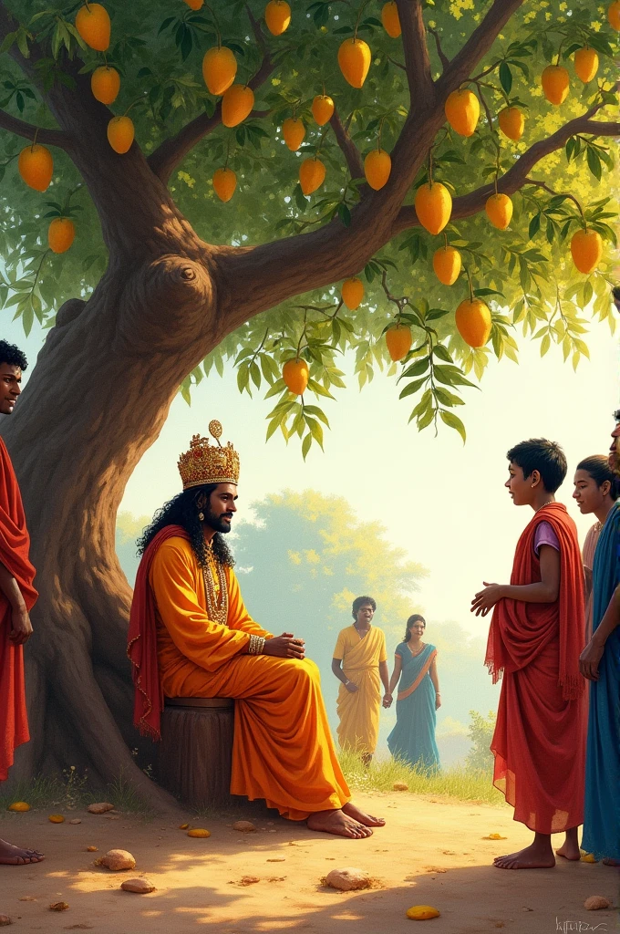 Indian king sitted under mango tree and the people in village sit infornt of him