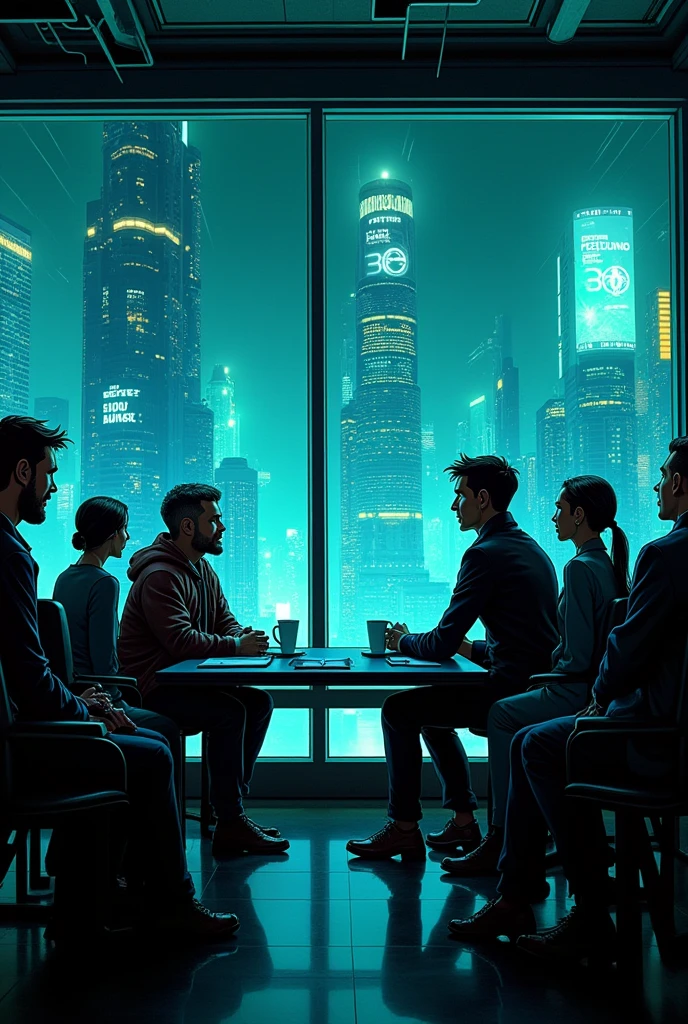A page image depicting a shadowy meeting, showcasing the team and mission presentation, and first in the city dominated by neotech in comic form 