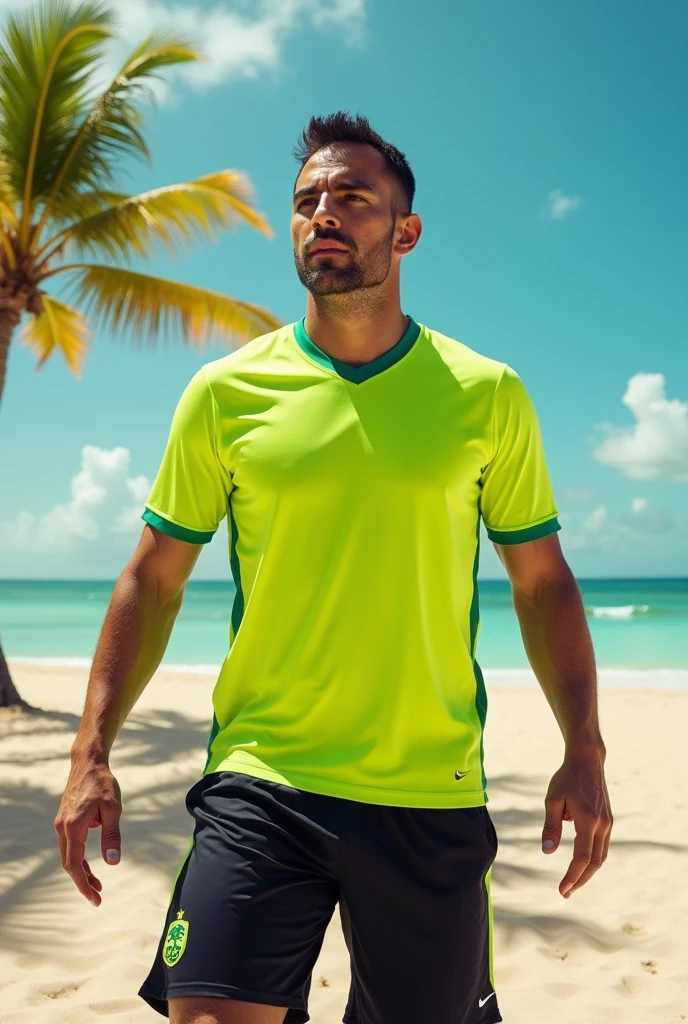 Um uniforme de futvolei com camiseta e shorts preto