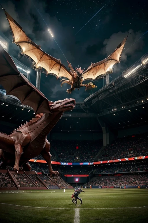 pokemon is standing next to a giant dragon in a stadium, a picture by Alexander Fedosav, tumblr, happening, giratina, colossal dragon in background, official art, new pokemon, pokemon sword and sheild, dialga the pokémon, intense battle, pokemon military drill, slifer the sky dragon, mega legendary, huge battle, pokemon fighting at world war 2