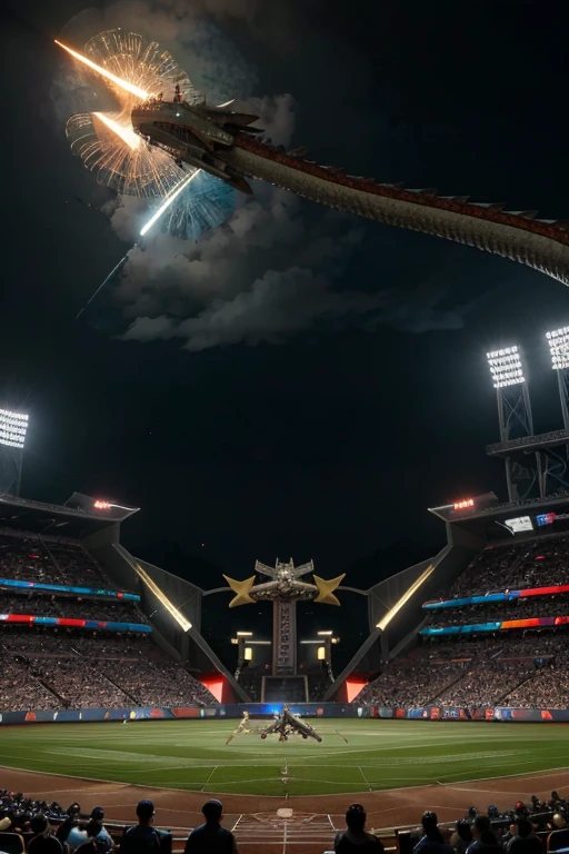 pokemon is standing next to a giant dragon in a stadium, a picture by Alexander Fedosav, tumblr, happening, giratina, colossal dragon in background, official art, new pokemon, pokemon sword and sheild, dialga the pokémon, intense battle, pokemon military drill, slifer the sky dragon, mega legendary, huge battle, pokemon fighting at world war 2