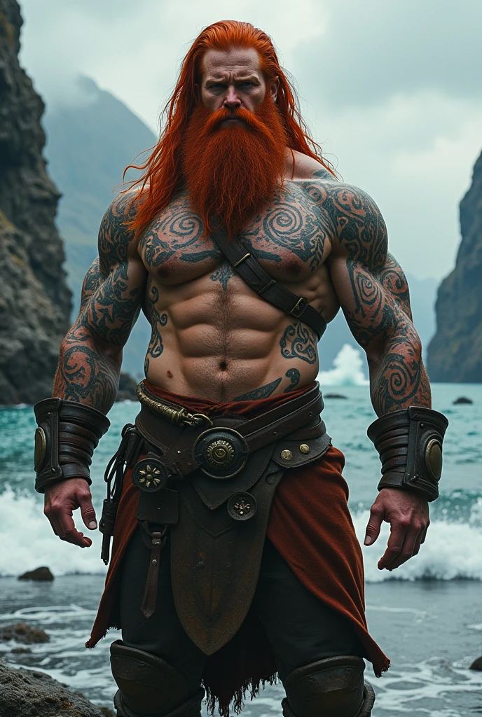 male character, long red hair, Red beard, a Viking appearance, muscular and shirtless character 