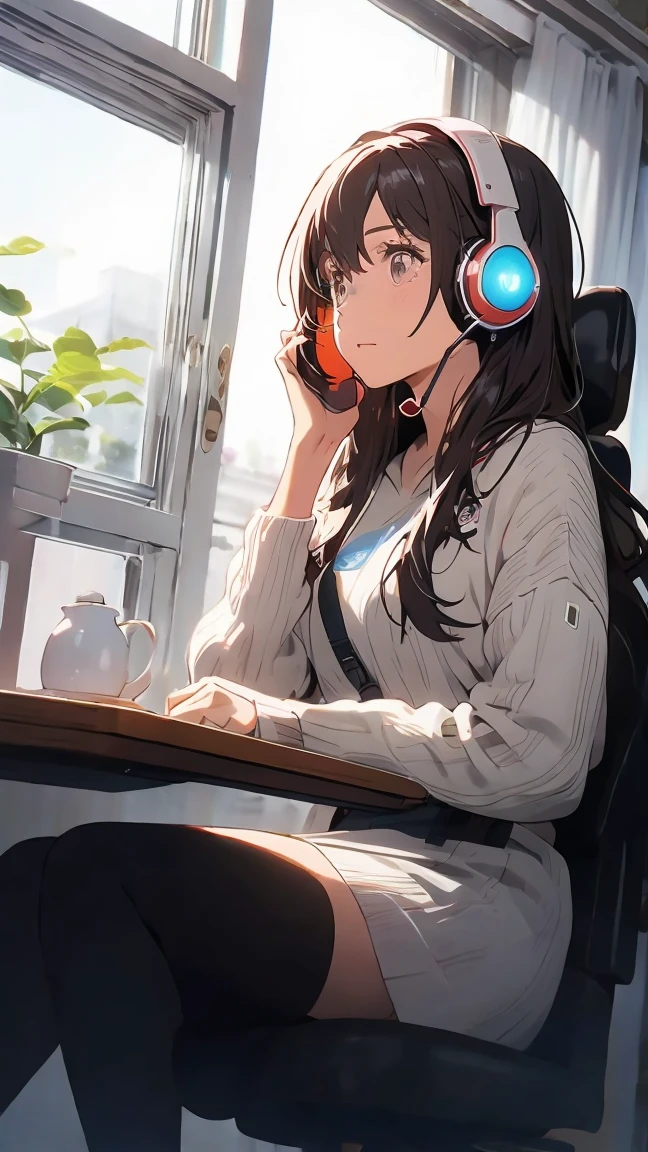 Optimal，masterpiece，High resolution，Highest quality，A warm room。A beautiful woman looking out the window。Wearing one headphone。It&#39;s night outside。Clothes are hoodies。profile。LOFI is written in the upper right corner.