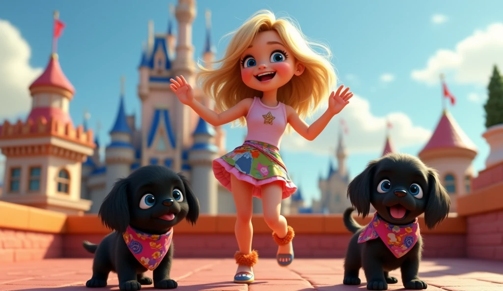 a cute blonde girl with big blue eyes, 2 adorable black shih tzu puppies with big blue eyes wearing bright collars and bandanas, mixing jack and daniels and coke, dancing on a disney rooftop, 3D Pixar style, intricate details, hyperrealistic, cinematic lighting, vibrant colors, highly detailed, 8k, masterpiece