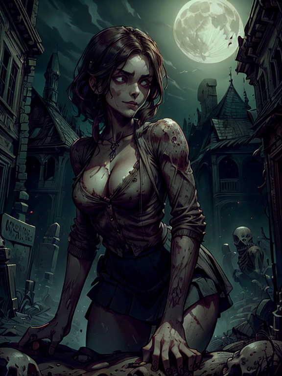 intricate detailed 1girl leaning on tombstone, ominous smiling at viewer, tight cardigan, white shirt showing , firm chest, small breasts,pleated skirt, full moon night time fog, corpses emergin graves(worldofundead), photorealistic, dramatic lighting, moody atmosphere, cinematic composition, dark fantasy, gothic, highly detailed, hyperrealistic, beautiful detailed eyes, brown eyes, beautiful detailed lips, dead people gathered, zombies gathered around, zombie apocalypse, ominous surrounding, ;;worldofundead, skeletal, rotten flesh, rotting, blood, gore;; "Looking at you"