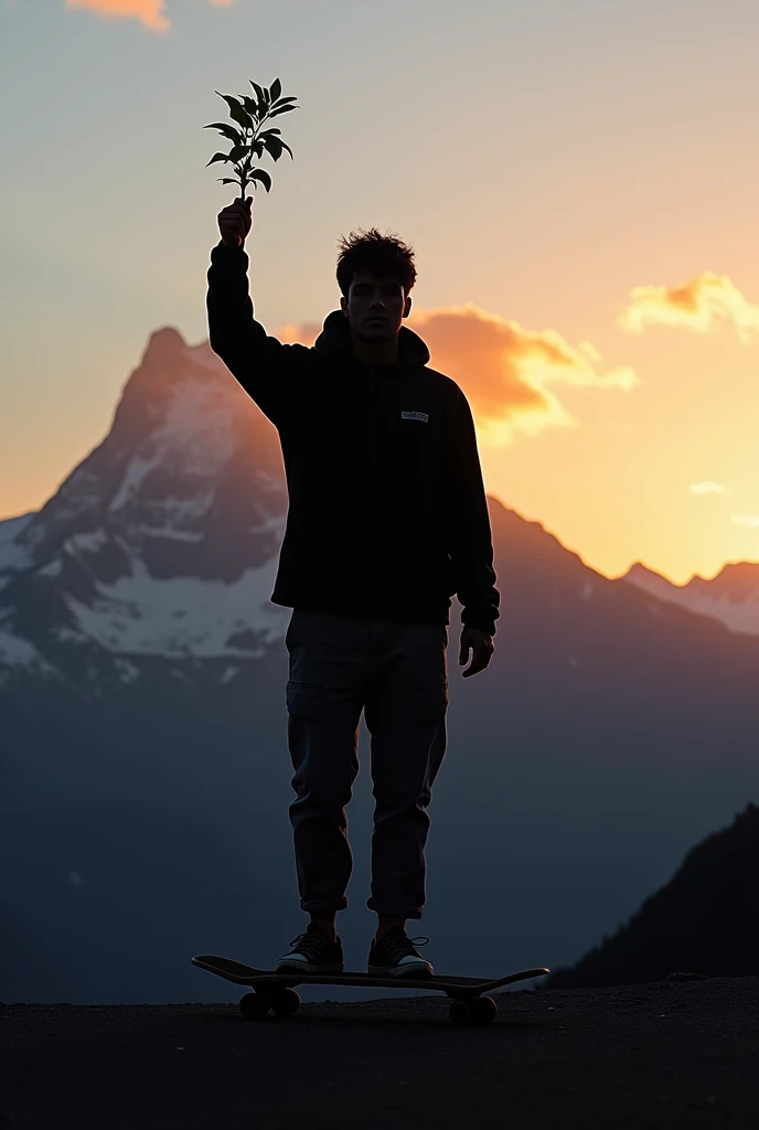 Silhouette of a man on a skateboard with both hands at chest level holding a plant in front of mountains 