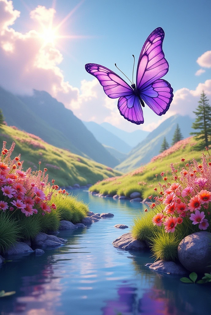 Give me a 3D image of a very beautiful purple watercolor butterfly that is shining and gleaming, flying in a beautiful and incomparable aesthetic landscape