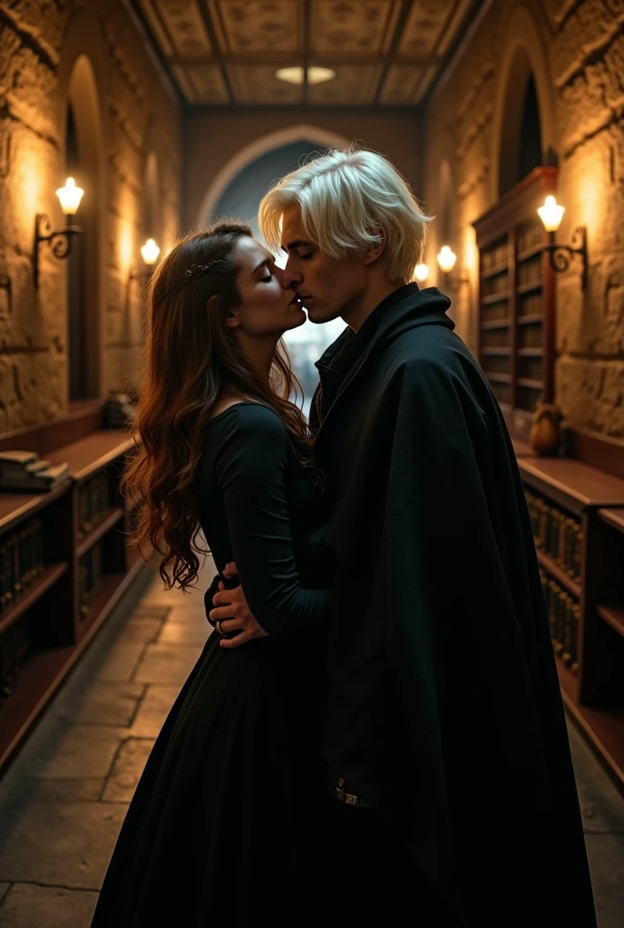 A girl with hair, chestnuts, lisses et mi-longs embrassant Draco Malfoy.