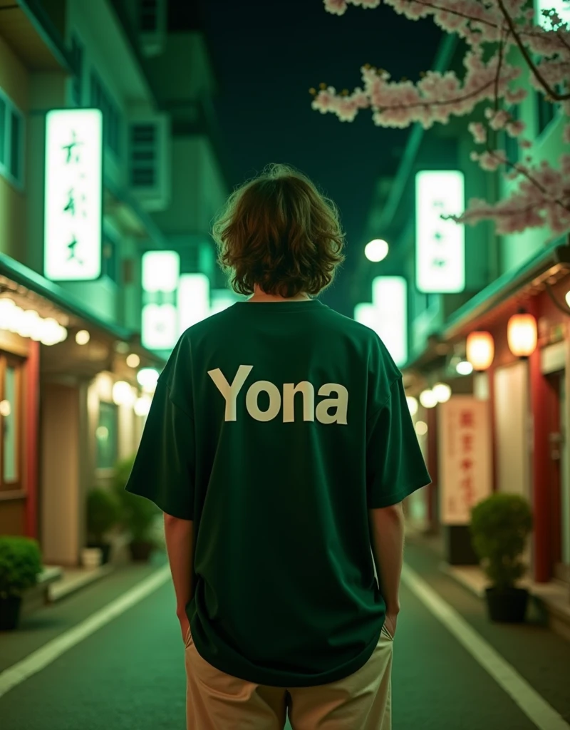 Adult male with brown curls, from the back with a dark green oversized shirt that says Yona, Beige pants. A street in Japan in the background. At night, everything is dark green