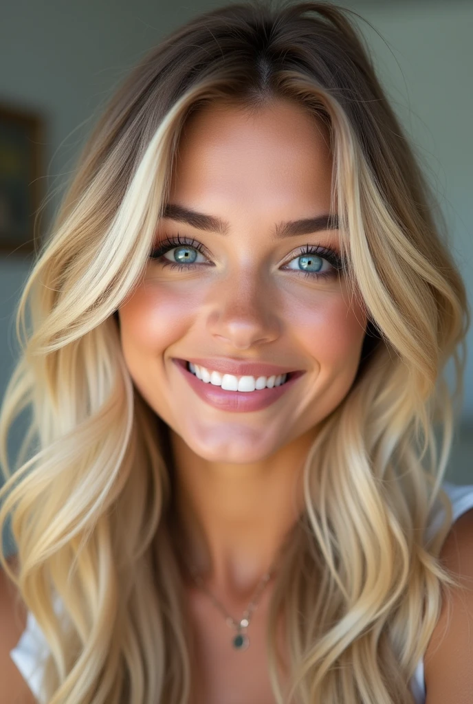 19 years old , big bust , Blonde with blue eyes, sexly , big bust, big titts, long bionde hair , big lips , big lips , bionde , high make up , beautiful make up (looking in the camera )( CLOSE UO FROM THE FACE )) smile