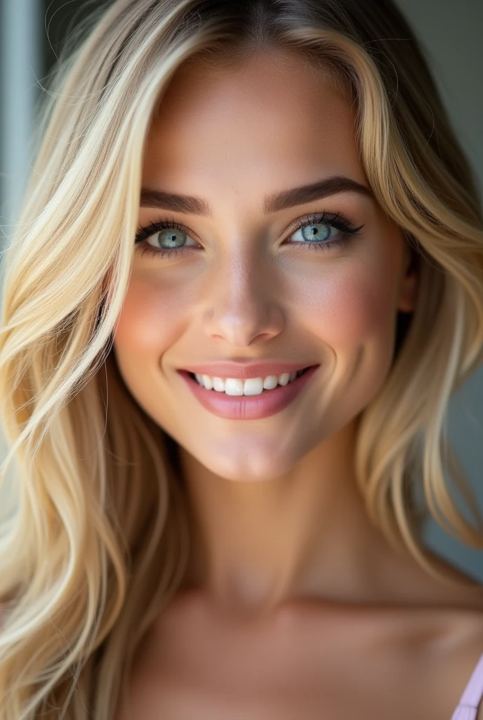 19 years old , big bust , Blonde with blue eyes, sexly , big bust, big titts, long bionde hair , big lips , big lips , bionde , high make up , beautiful make up (looking in the camera )( CLOSE UO FROM THE FACE )) smile 