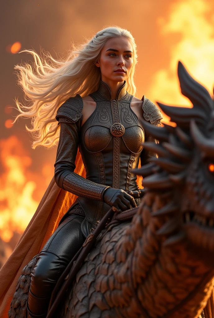 Emilia Clarke, daenerys targaryen, game of thrones on top of the fire-breathing dragon, ultra realisitic, Photorealist