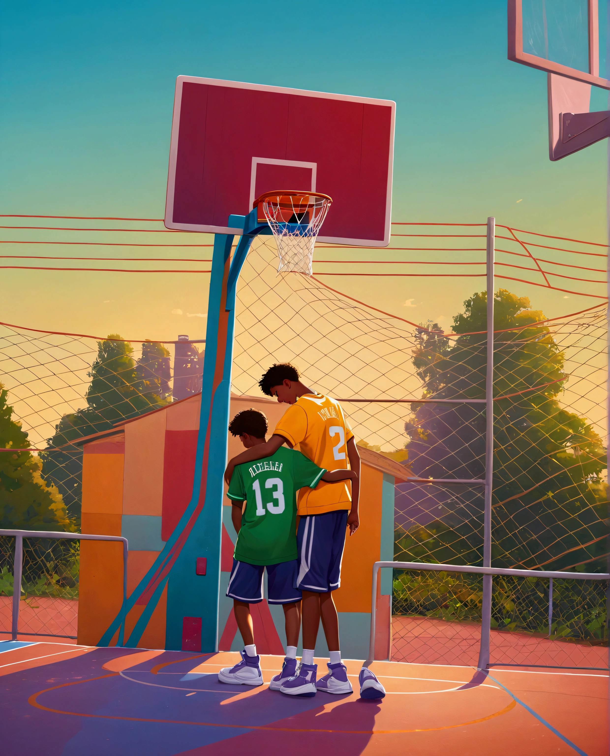 TWO TEENAGERS HUGGING ON A BASKETBALL COURT