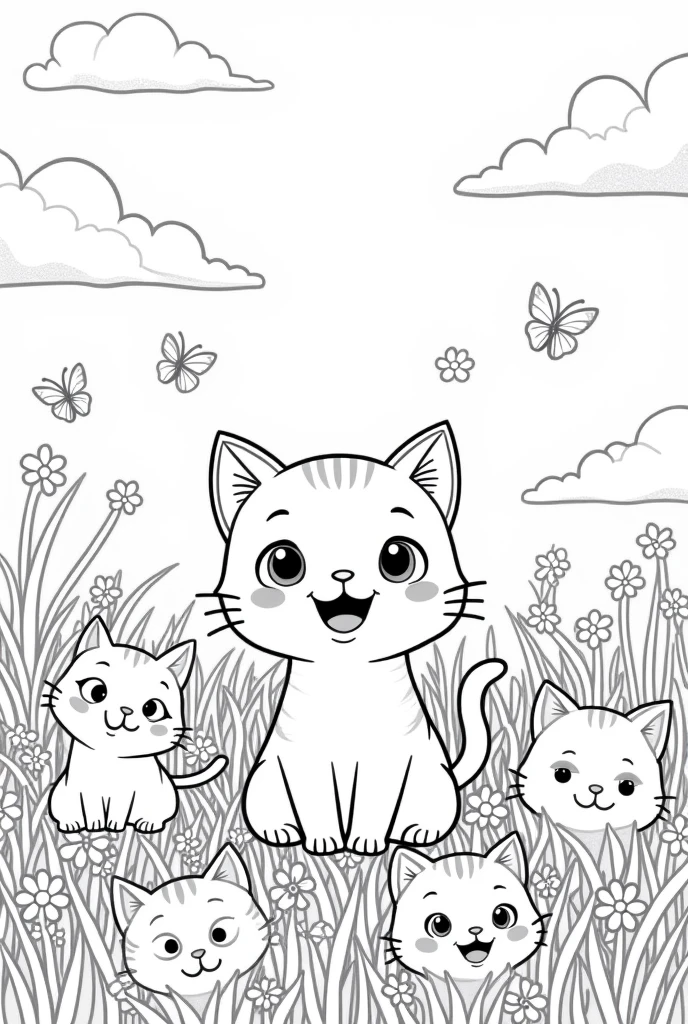 I want a black and white coloring page of a happy cartoon cat with lots of kittens in a field