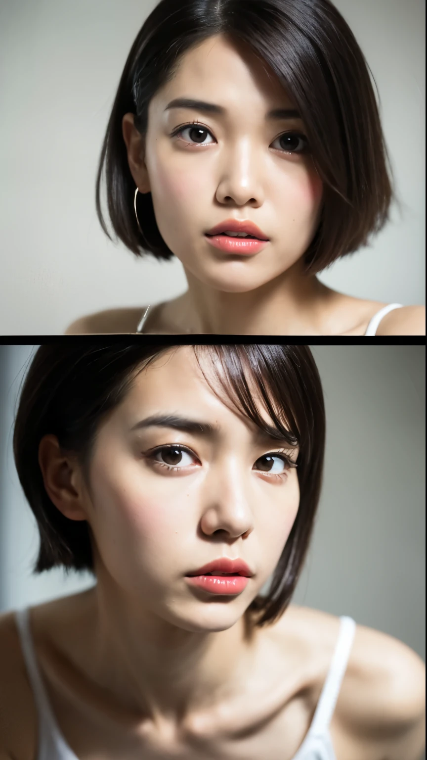 (Masseter muscle area:1.3)、(8k、Photorealistic、RAW Photos、Highest quality: 1.4)、(One Girl)、Beautiful Face、(A vivid face)、(Short Hair:1.5,Shiny black hair、I can see the ears)、Beautiful hairstyle、Realistic eyes、Beautiful details、（Realistic Skin）、Beautiful skins、Tank top、Absurd、Charm、Ultra-high resolution、Surreal、High definition、About 30 years old、Hunchback、Large Breasts、Saggy breasts:0.8,The expression is determined randomly.