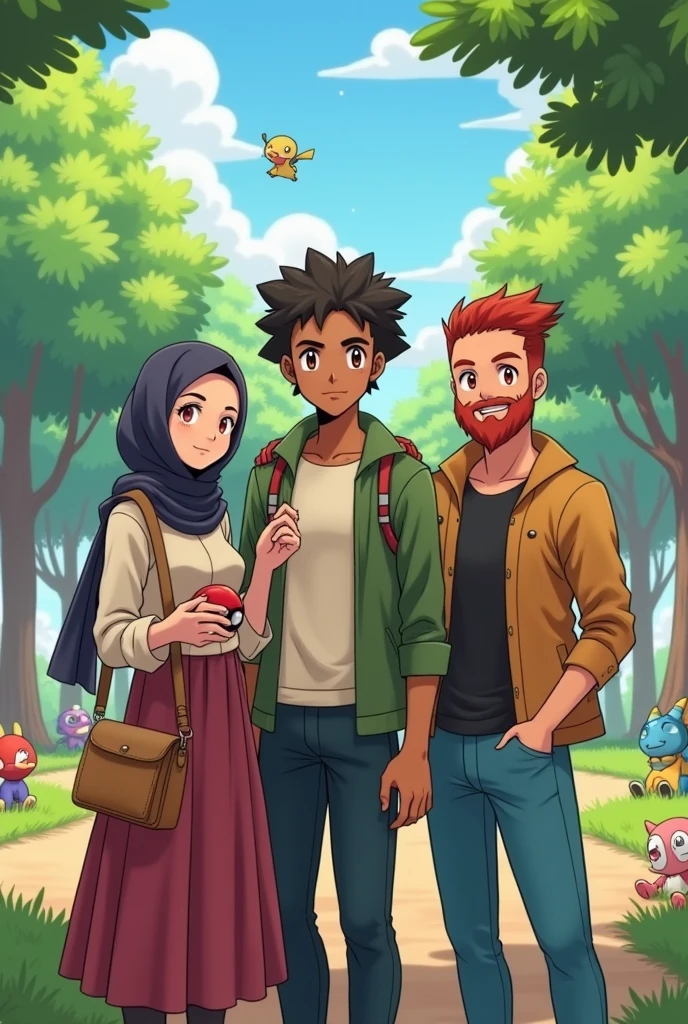 3 friends, 1 Frau, 2 men,
Everyone is a Pokemon trainer, The woman has fair skin and a hijab.
A man has curly black hair and a full beard with brown eyes and tanned skin.
The other man has a bald head with a light red full beard and fair skin with brown eyes.