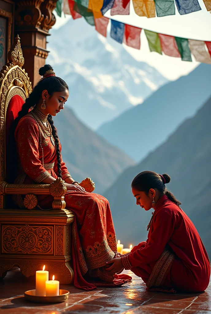 A beautiful nepali woman in nepali tradition outfit is siting in a throne. At her feet there is a devotee who is washing her feet with milk.