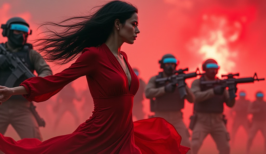Short woman in red dress and with tall black hair is destroying Armacham soldiers wearing blue googles and holding assault rifles. Her eyes are glowing red and the sky is chaotic red.