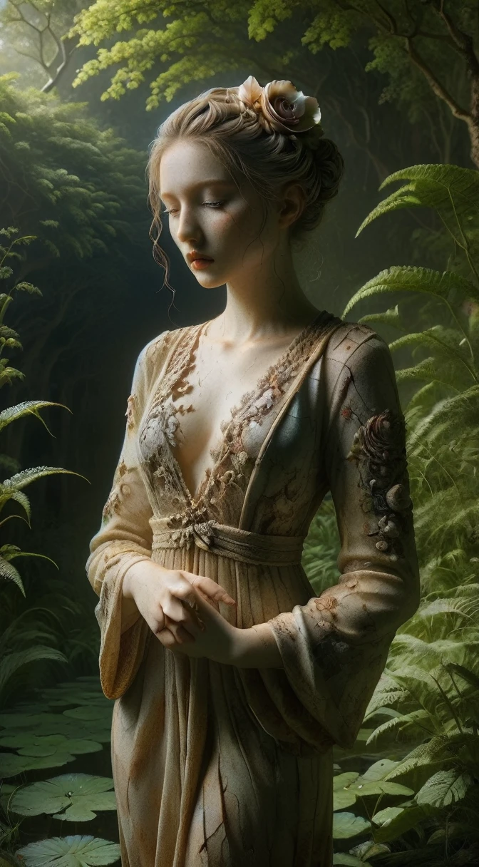 ceramics,Wooden Figure,Stunningly detailed pastel paintings，Depicts dreamy flowers blooming at the edge of the forest,A woman with rosy lips、Cross your knees、Girl bathing in a light torrent,Naked shadows under the rainbow,Plants and ocean,Rembrandt style,elegant,Very detailed,Art Station,Concept Art,Matte,Clear focus,Tom Bagshaw (Tom Bagshaw) Artworks,Luis Royo and Greg Rutkowski,