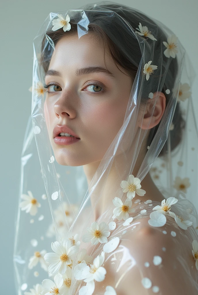 Hyper-realistic photo of a professional model with pale skin posing for a fashion photoshoot. She is entirely wrapped in transparent film, with tons of flowers under the film covering her skin. The shot is a mid-body shot.