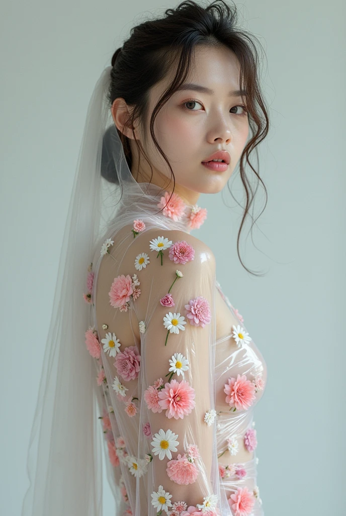 Hyper-realistic photo of a professional model with pale skin posing for a fashion photoshoot. She is entirely wrapped in transparent film, with tons of flowers under the film covering her skin. The shot is a mid-body shot.
