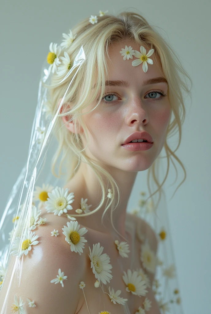 Hyper-realistic photo of a professional model with pale skin posing for a fashion photoshoot. She is entirely wrapped in transparent film, with tons of flowers under the film covering her skin. The shot is a mid-body shot.