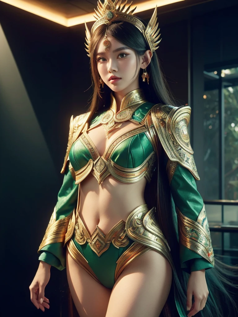 An Indonesian-styled sexy futuristic suit without pants worn by a beautiful age girl with crown on the head. depicting cultural fusion and modern fashion. The suit is adorned with intricate patterns and dominant by a green colors, showcasing the rich heritage of Indonesia. The girl stands confidently with her detailed eyes reflecting ambitious. The suit's material is a combination of traditional textiles, green emerald stone, and futuristic synthetic fabrics, giving it a unique and avant-garde appearance. The overall image quality is of the highest standard, with sharp focus and ultra-detailed rendering. The artwork employs physically-based rendering techniques, resulting in realistic lighting and shadows. The colors are vivid and vibrant, capturing the essence of Indonesian cultural aesthetics. The background features a fusion of modern architecture and traditional elements, creating a harmonious blend of the past and the future. The prompt explores the intersection of Indonesian culture, futuristic design, and the artistic representation of a confident girl