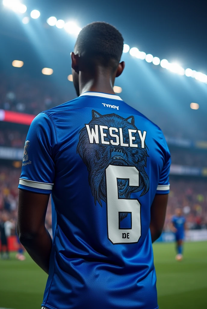 make a blue and white football shirt with a wolf and on the back with the number 6 and wesley written on it