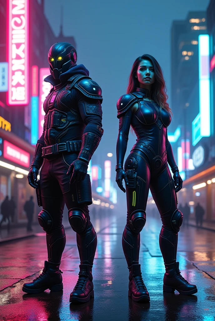 Best quality, a high resolution, beautiful detailed, extremely detailed, perfect lighting, glowing eyes, Full-body cyberpunk style PUBG Mobile game form, to the man and woman