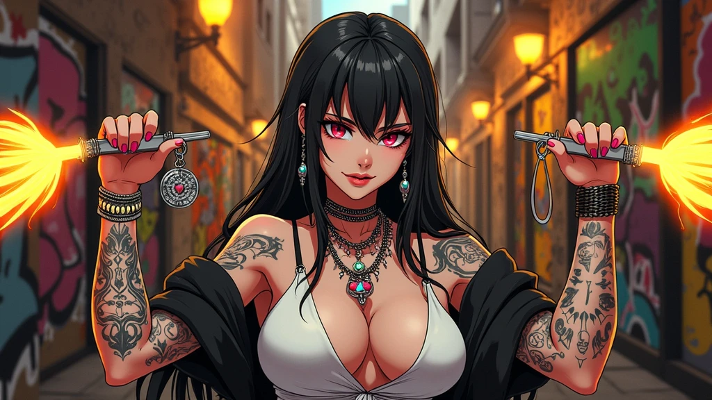 black anime female rebel chick fully covered intattoos exposed skin holding bling 