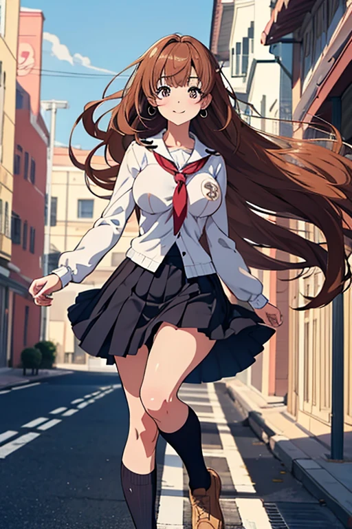 One person, Chestnut Hair, Half pony tail, asymmetrical bangs, Large Breasts, smile, Droopy eyes, perspective, High School Uniform,Anime Style, Nice body,Knee-length skirt,serious,Hair blowing in the wind, Anatomically correct, Highest quality, Very detailed, Retina, Large Breasts, Earrings,