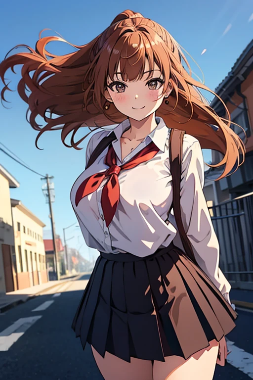 One person, Chestnut Hair, Half pony tail, asymmetrical bangs, Large Breasts, smile, Droopy eyes, perspective, High School Uniform,Anime Style, Nice body,Knee-length skirt,serious,Hair blowing in the wind, Anatomically correct, Highest quality, Very detailed, Retina, Large Breasts, Earrings,