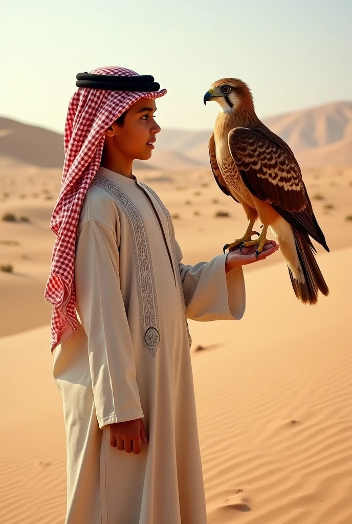 Create a picture of a boy wearing Bedouin clothes with a falcon on his arm
