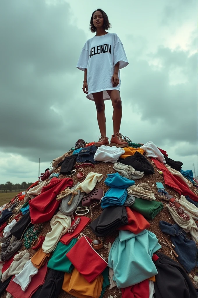 Create a image of a model standing in top of fast fashion wastes and wearing a oversized tshirt of while colour and on the tshirt it's written VELENZIA with black colour 