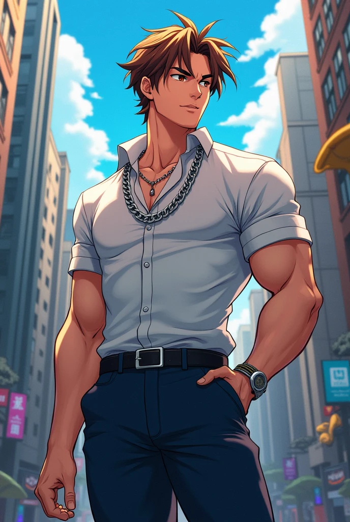 A man in school uniform stands in front of the city, inspired by Zhang Han, Wearing school uniform, anime handsome guy, inspired by Yanjun Cheng, Wearing a chaint, inspired by Russell Dongjun Lu, Handsome Anime Pose, Handsome stunning realistic, inspired by Bian Shoumin, Handsome Man in Demon Killer Art brown hair, brown eyes,  he is muscular and he is school bully, deepai anime portrait style