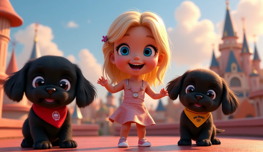 a cute blonde girl with big beautiful blue eyes, 2 adorable black shih tzu puppies with big blue eyes wearing bright collars and bandanas, mixing jack and daniels and coke, dancing on a disney rooftop, 3d pixar style, cinematic lighting, high resolution, masterpiece, photorealistic, detailed facial features, extremely detailed, vivid colors, soft lighting, dynamic composition, magical, cute, whimsical